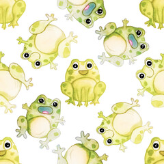 Obraz premium watercolor hand-drawn cute frogs seamless pattern