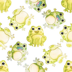 watercolor hand-drawn cute frogs seamless pattern