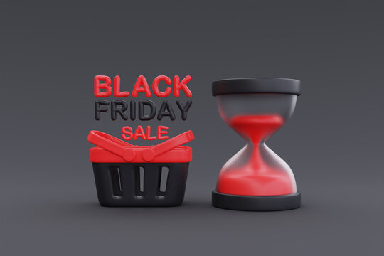 Black Friday Super Sale with shopping basket and Houseglass, Christmas and Happy New Year promotion, 3d rendering.