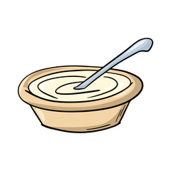Light ceramic deep plate with porridge, thick sour cream, with a spoon, vector cartoon