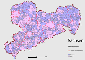 Karte Administrative Gliederung Bundesland Sachsen Gemeinde, Stadt