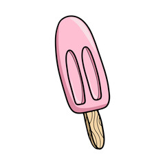 Cold pink popsicle on a stick, vector cartoon