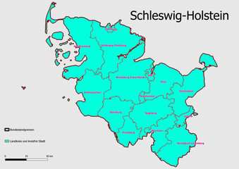 Karte Administrative Gliederung Bundesland Schleswig-Holstein Landkreise und kreisfreie Städte