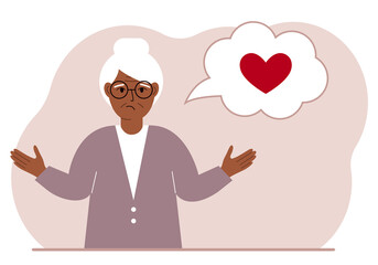 Sad grandmother thinks about love. In the balloon of thought is a red heart. Vector