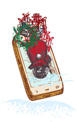 Festive Christmas, New year concept Online holiday delivery Hand drawn smartphone, red scooter, fir wreath, red balls and gifts on snowy background PNG