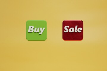 shopping on the Internet. buy and sale buttons on a yellow background. 3D render