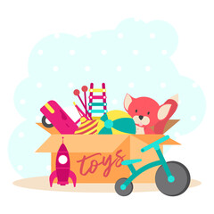 Toy Box, full of children´s toys including fox, Ball, car, rocket, whirligig, bicycle. Vector illustration cartoon.