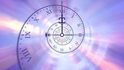 Concept of passing time and the transience of life. Spiral of time. Rotating clock face and hand