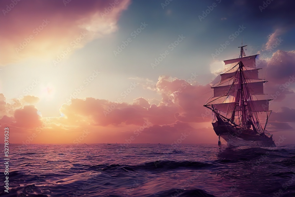 Wall mural ship sailing waves.  3d render, Raster illustration.