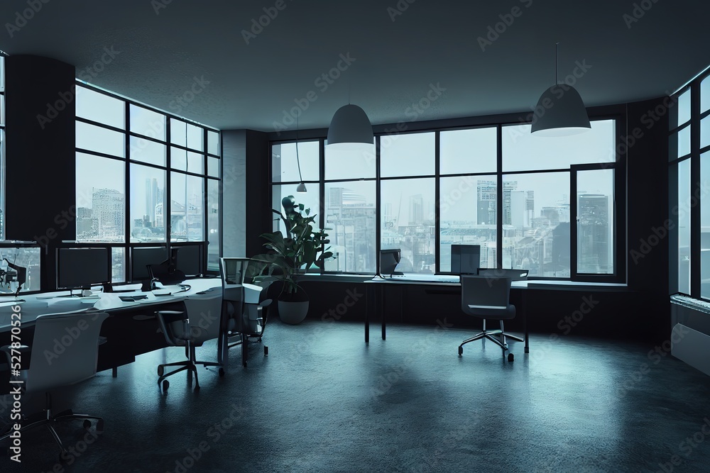 Poster composite image of computer in front of window in office. 3d render, raster illustration.