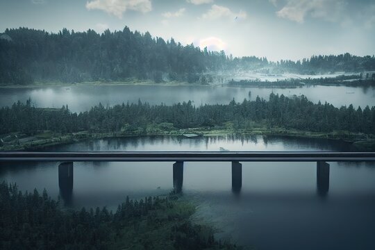 Starry sky with silvery clouds and fog over the lake, Symmetry reflections, natural mirror. 3d render, Raster illustration.