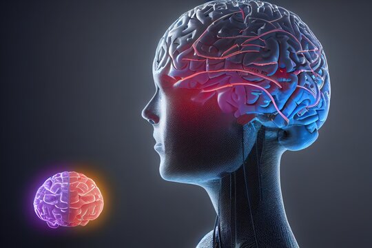 digital illustration of human brain. Electrical activity, flashes and lightning on a purple background. 3d render, Raster illustration.