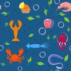 Seafood vector seamless pattern of fish and crab, shrimp and flounder, tuna and salmon, squid, herring and octopus. Tile design for restaurant or fish food cuisine or industry or market shop