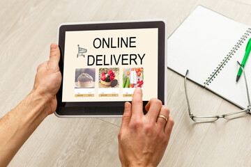 Concept online Sopping. boxes and shopping bag with tablet Online Shopping screen.