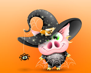 Funny pink cute cartoon pig in a shining witch costume with a spider hanging on a hat and with a web skirt