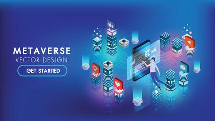 Metaverse VR flyer banner abstract technology background Hi-tech communication concept, technology, digital business, innovation, science fiction scene vector illustration with copy-space.