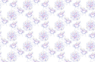 Seamless pattern of painted peonies. Faded pastel pinks, yellows, blues.