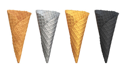 Collection of waffle cones in various colors white, silver, gold, black, 3d render