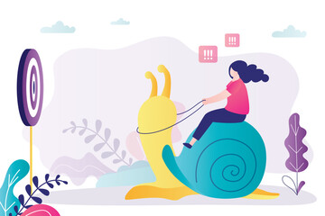 Businesswoman riding sluggish snail trying to reach target. Girl slowly but surely moving towards goal