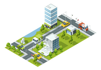Isometric city map. Urban landscape with buildings and transport