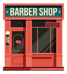 Urban barber shop. Cartoon facade of city building