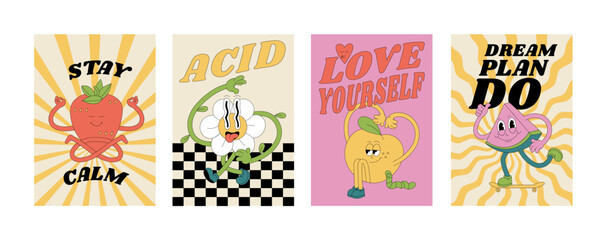 Vector collection of retro groovy posters with characters- strawberry, flower, peach and waterlemon with typography quote. Placard for print.