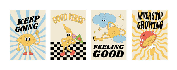 Vector collection of retro groovy posters with characters- sun, lemon, banana and mushroom with typography quote. Placard for print. - obrazy, fototapety, plakaty