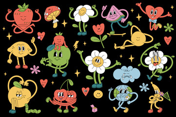 Vector illustration set of characters ìn retro style. Groovy stickers for print.