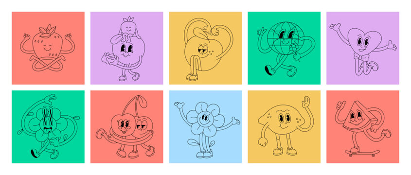 Vector illustration set of characters ìn retro style. Groovy stickers for print.