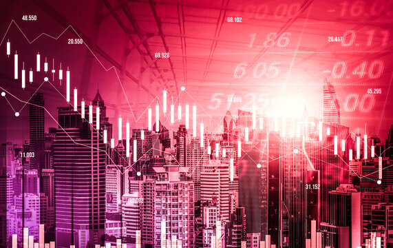 Stock market crash, declined economic, graph falling down and digital indicators overlaps modernistic city. Double exposure.