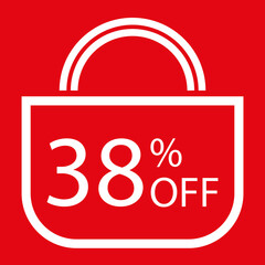 38 percent off. Red banner with shopping bag illustration. 