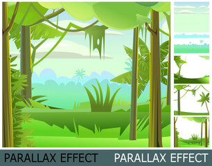 Rain forest. Dense thickets. View from the jungle Tropical forest panorama. Image from layers for overlay with parallax effect. Southern Rural Scenery. Illustration in cartoon style. Vector.