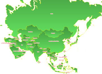 Asia map in green with yellow outline