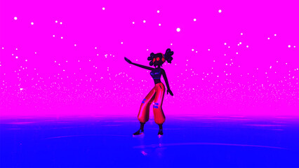 Night landscape pink sky with the silhouette of a dancing girl reflection in the water and mystical fantastic flying and shimmering particles, 3D illustration of science fiction scene 