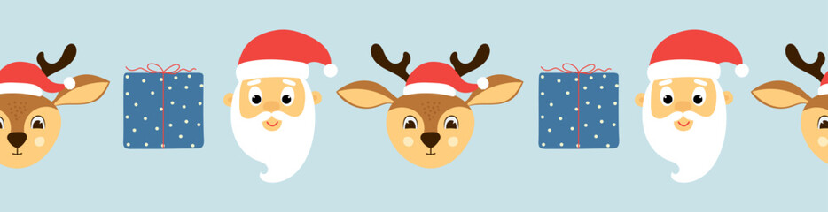 Seamless border of gift boxes, cute santa claus and deer head on blue background. Template for Christmas design. 