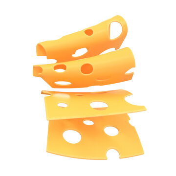 Cheese slices floating in the air yellow, 3d render