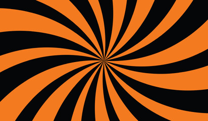 Orange and black retro twisted pinwheel vector abstract background. Sunburst radial illustration.