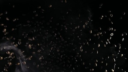 professional advertising shot of arabica coffee beans in slow motion along with smoke