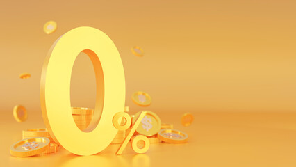 3d rendering of special 0% 3d gold text with credit card for advertising about the interest reduction placed on golden background. Special offers, discounts on payments with coins floating around. .
