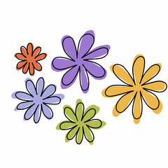 Obraz premium Abstract multicolored flowers. Flat vector illustration of blooming plants on white. Botanical elements for greeting card, design and packaging.