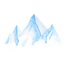 Mountains isolated on a transparent background. Watercolor glacier illustration. Blue landscape scene clipart. Hand-drawn peaks. Cute peaceful mountain. Winter triangle shape rock.