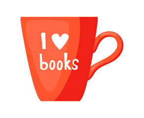 Book lovers mug. Red cup for coffee or tea with the inscription I love books, cartoon vector