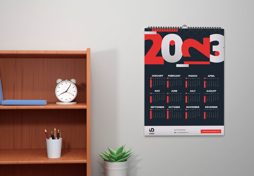 Wall Calendar Mockup with Wooden Shelf