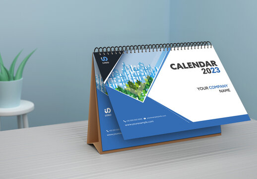 Desk Calendar Mockup with Blue Abstract