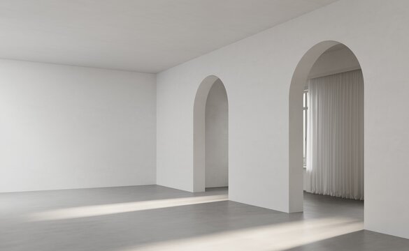 3D render empty white room with entrance arch door, design and concrete floor, interior background and 3d render, light and shadow on the floor	