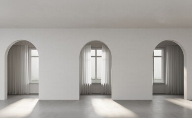 White empty corridor with arches for entrance, in the background windows with sheer curtains,...