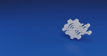 Isolated realistic white digital tech symbol with shadow. Located on the right side of the scene. 3d illustration on blue background