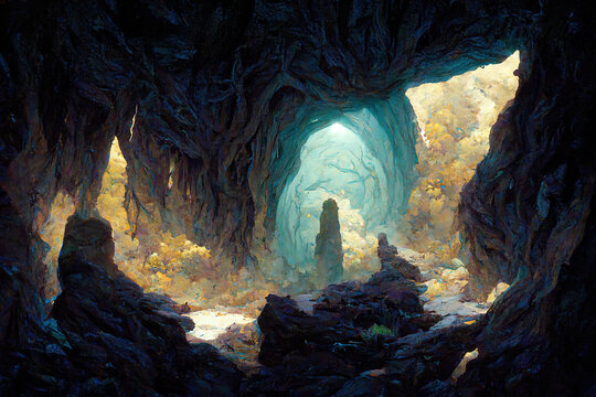 A Gem Mine Cave Underground. Molten Lava Cave. Deep Cavern. Big Stalactite. Concept Art Scenery. Book Illustration. Video Game Scene. Serious Digital Painting.CG Artwork Background.
