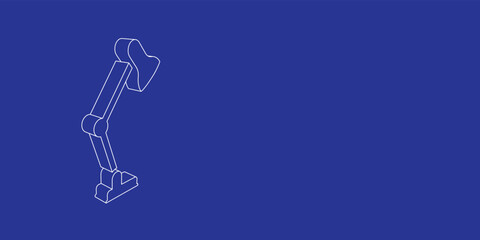 The outline of a large table lamp symbol made of white lines on the left. 3D view of the object in perspective. Vector illustration on indigo background