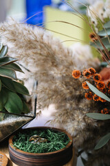 Wedding rings in rustic style lie in a wooden stand with moss. Near field grasses, cereal grasses, spikelets.